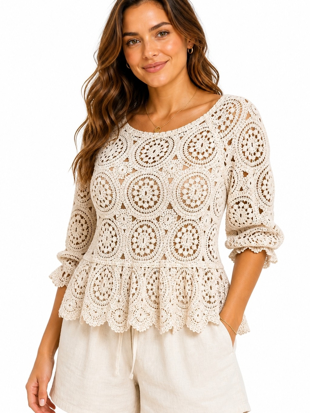 Solitaire Crochet Peplum Top Cotton Boho Lace Medium